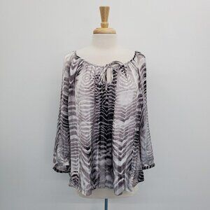 Roz & Ali Womens Animal Print Keyhole Neck Blouse Top‎ Size XL Black Gray Dressy